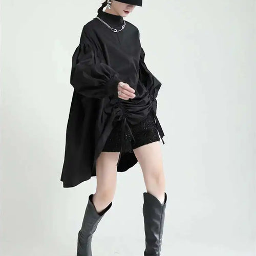 Load image into Gallery viewer, Women Balck Irregular Drawstring Big Size Dress New Stand Collar Long Sleeve Loose Fit Fashion Spring Autumn 2025 1Z18901
