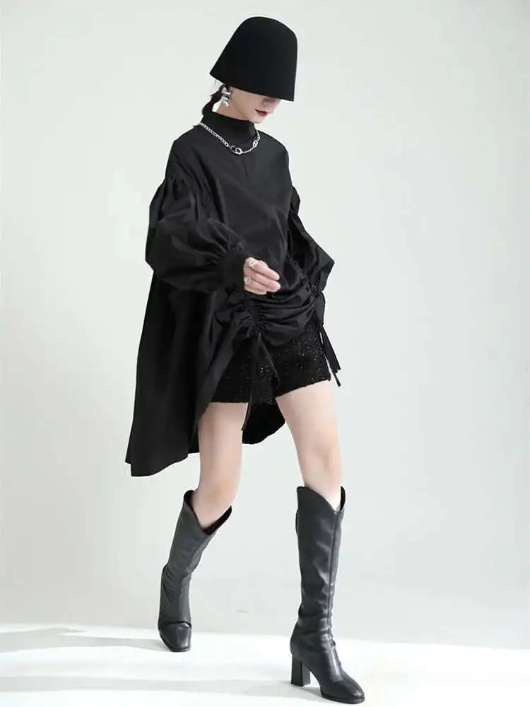 Women Balck Irregular Drawstring Big Size Dress New Stand Collar Long Sleeve Loose Fit Fashion Spring Autumn 2025 1Z18901