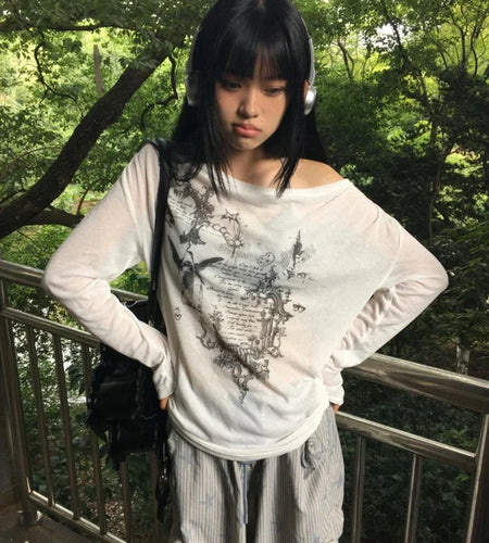 Harajuku Skew Collar Loose T-shirts 2025 Streetwear Letter Print Grunge Tops Women Casual Y2k Aesthetic Summer Sunscreen Tees