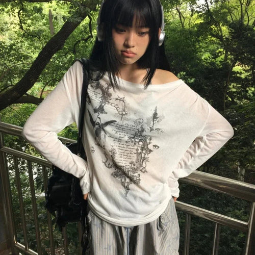 Load image into Gallery viewer, Harajuku Skew Collar Loose T-shirts 2025 Streetwear Letter Print Grunge Tops Women Casual Y2k Aesthetic Summer Sunscreen Tees
