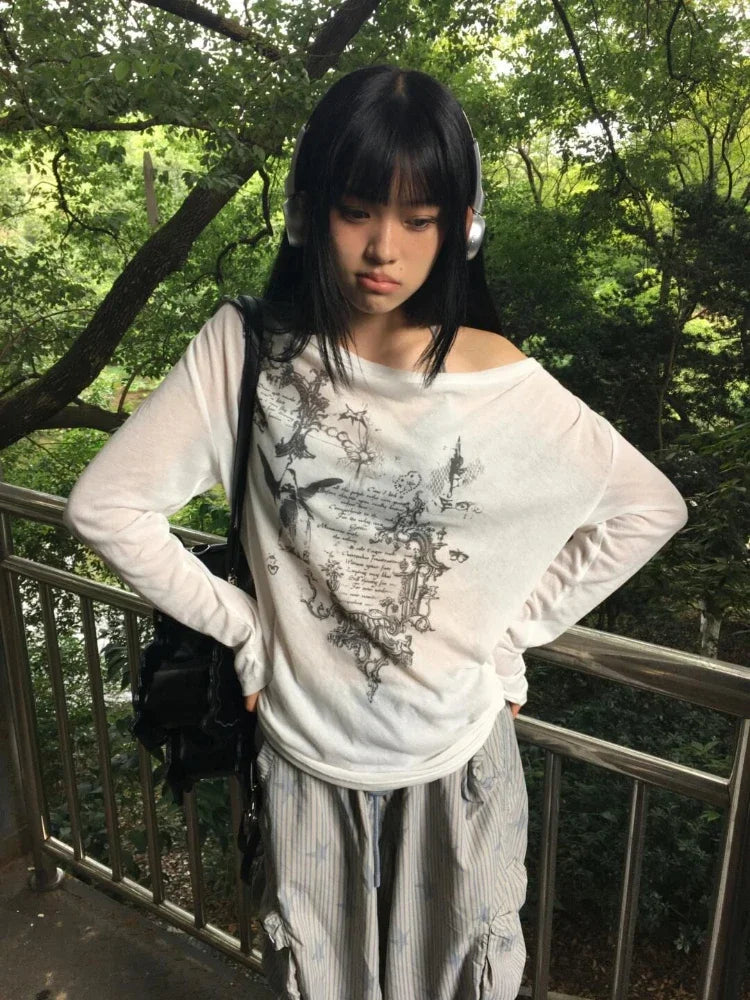 Harajuku Skew Collar Loose T-shirts 2025 Streetwear Letter Print Grunge Tops Women Casual Y2k Aesthetic Summer Sunscreen Tees