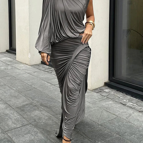 Load image into Gallery viewer, Summer Y2K Solid Style 2Piece Set Women Turtleneck Single Shoulder Sleeve Tops+Ruched Long Skirts Fashion Elegant Outfits
