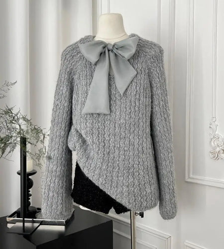 Korean Fashion Beige Elegant Long Sleeve Sweater Women Autumn Winter Grey Elegant Round Neck Bow Bandage Knitted Tops Popular