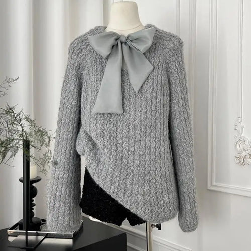Load image into Gallery viewer, Korean Fashion Beige Elegant Long Sleeve Sweater Women Autumn Winter Grey Elegant Round Neck Bow Bandage Knitted Tops Popular

