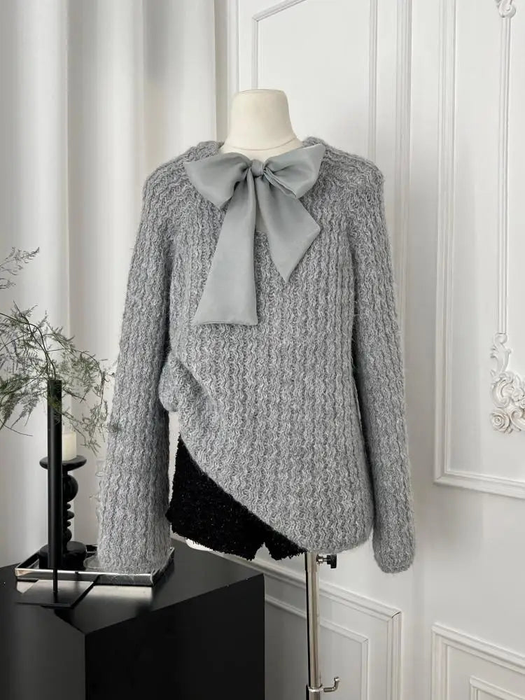 Korean Fashion Beige Elegant Long Sleeve Sweater Women Autumn Winter Grey Elegant Round Neck Bow Bandage Knitted Tops Popular