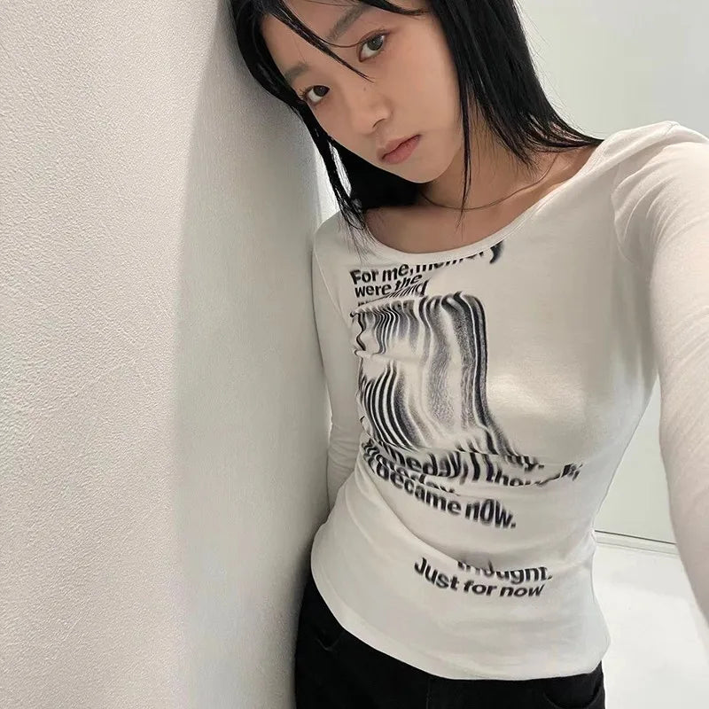 Grunge Print Long Sleeve T-shirt Korean Fashion Graphic T Shirts Y2k Aesthetics Kpop Tops Sexy Slim Tee Shirt Streetwear