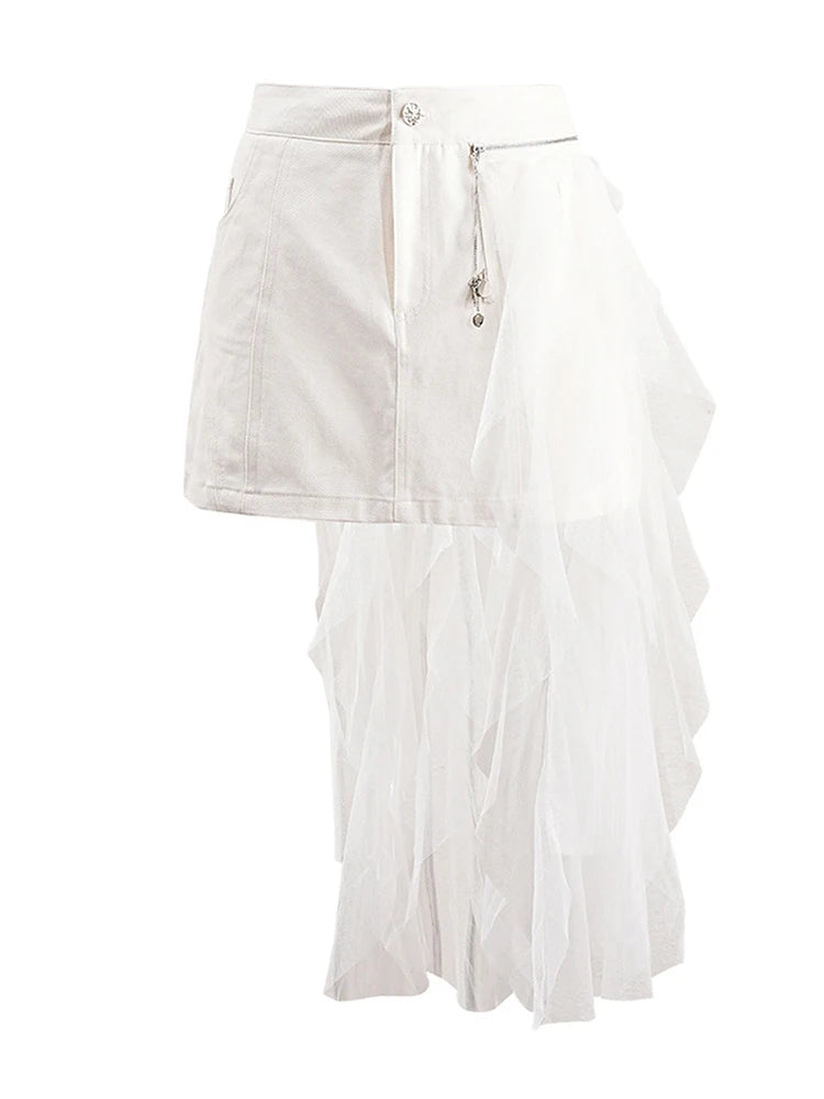 Solid Spliced Mesh Chic Skirts For Women High Waist Temperament Patchwork Zipper Slimming Skirt Female Fashion New