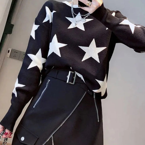 Load image into Gallery viewer, Quality Guarantee Fall Winter Women&#39;s Sweater O-Neck Star Pullover Knitting Sweaters Long Sleeve With Split Casual Jumper C-147
