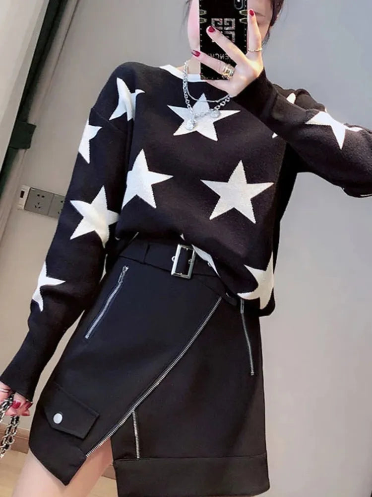 Quality Guarantee Fall Winter Women's Sweater O-Neck Star Pullover Knitting Sweaters Long Sleeve With Split Casual Jumper C-147