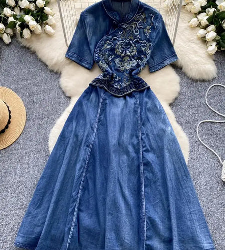 Vintage Chinese Style Summer Blue Embroidery Denim Long Dress Women Stand Neck Elegant Short Sleeve Festival Party Evening Dress
