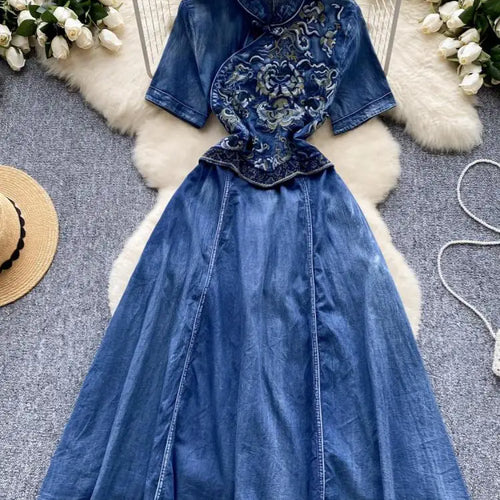 Load image into Gallery viewer, Vintage Chinese Style Summer Blue Embroidery Denim Long Dress Women Stand Neck Elegant Short Sleeve Festival Party Evening Dress
