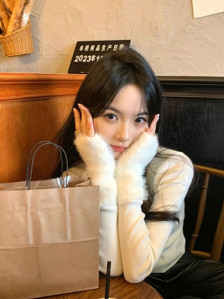 Harajuku Knitted Patchwork Fur Sweet Crop T-Shirts Women Slim Fit Y2k Aesthetic Tees Autumn Vintage Grunge Bottoming Tshirts