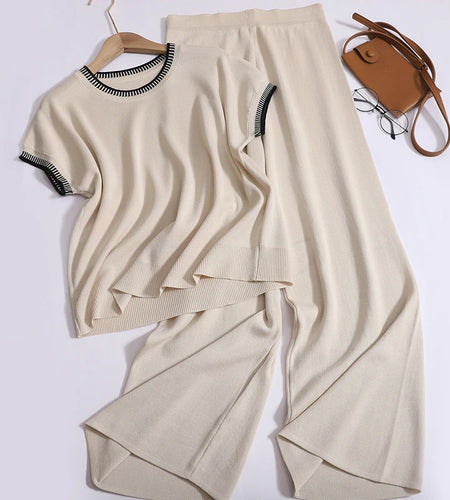 Women Casual 2 Piece Set Summer Patchwork Short Sleeved Knit Tops And High Waist Wide Leg Pleated Long Pant Streetwear Suit Chic