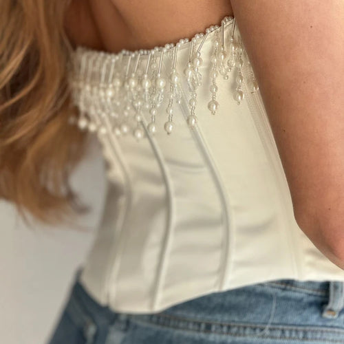 Load image into Gallery viewer, Luxury Strapless Women Cropped Top White Embellished Pearls and Beads Corset Tops Sexy Party Cocktail Clothing

