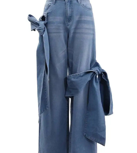 High Waist Blue Denim Bow Three-dimensional Long Wide Leg Jeans New Women Trousers Fashion Tide Spring Autumn 2025 CPDB180