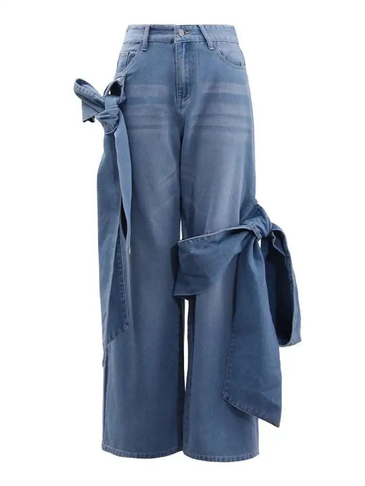 High Waist Blue Denim Bow Three-dimensional Long Wide Leg Jeans New Women Trousers Fashion Tide Spring Autumn 2025 CPDB180
