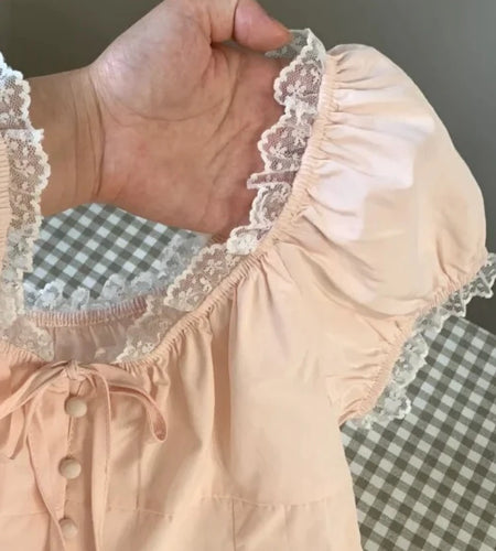 2025 Vintage Sweet Lace Patchwork Women Blouse Y2k Aesthetic Puff Sleeve Cropped Shirts Square Collar Bow Harajuku Grunge Blusas