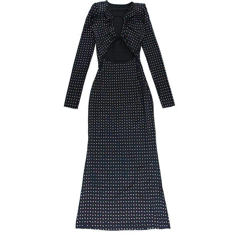 Elegant Sequin Sparkle Sexy Maxi Dress For Women Fashion Hollow Out Sheer Long Sleeve Bodycon Club Party Long Dress