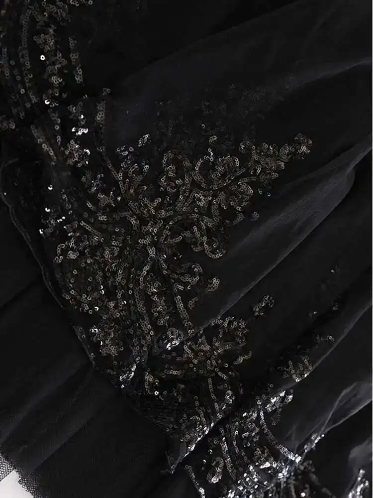 High Elastic Waist Black Sequins Mesh Elegant A-line Half-body Skirt Women Fashion Tide New Spring Autumn 2025 1DH8429