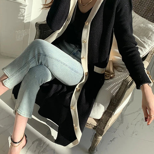 Load image into Gallery viewer, Elegant French V-neck Office Lady with Tie Waist Black Cardigan Knitting Vintage Korean Chic Party Single Breasted Women Dress
