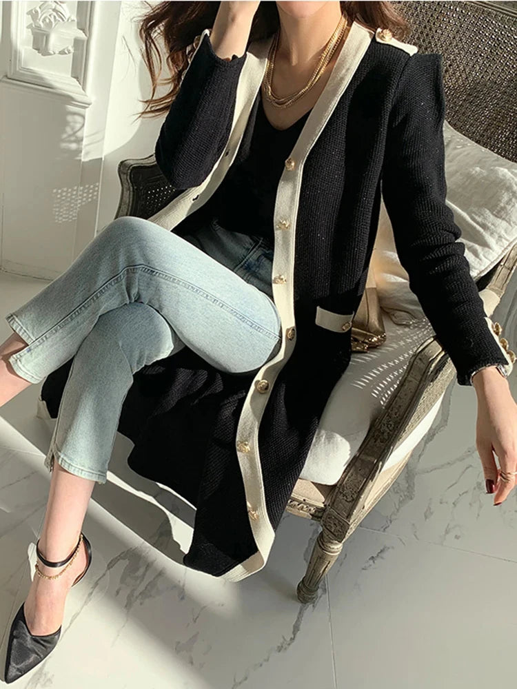 Elegant French V-neck Office Lady with Tie Waist Black Cardigan Knitting Vintage Korean Chic Party Single Breasted Women Dress