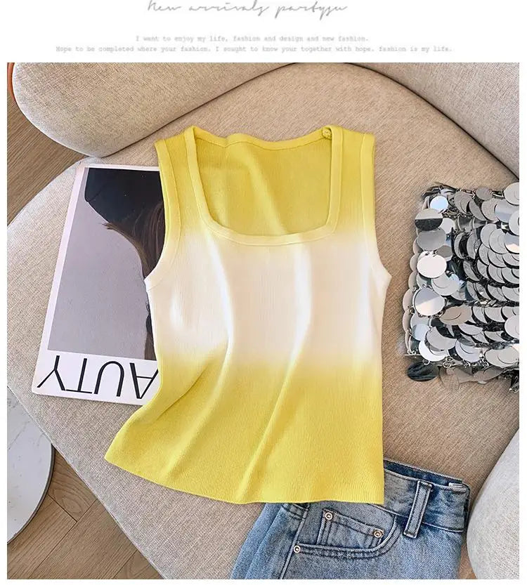 Korean Vintage Elegant Square-neck Gradient Knit Vest Summer Casual Sleeveless Short Tank Tops Women's Holiday Clothing Vestidos