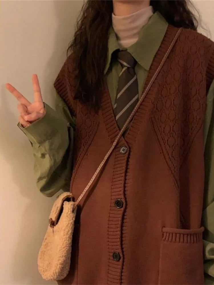 Autumn Grunge Loose Knitted Women's Tanks Casual All Match Sleeveless Pullovers Y2k Aesthetic Harajuku Streetwear Sweater Vest