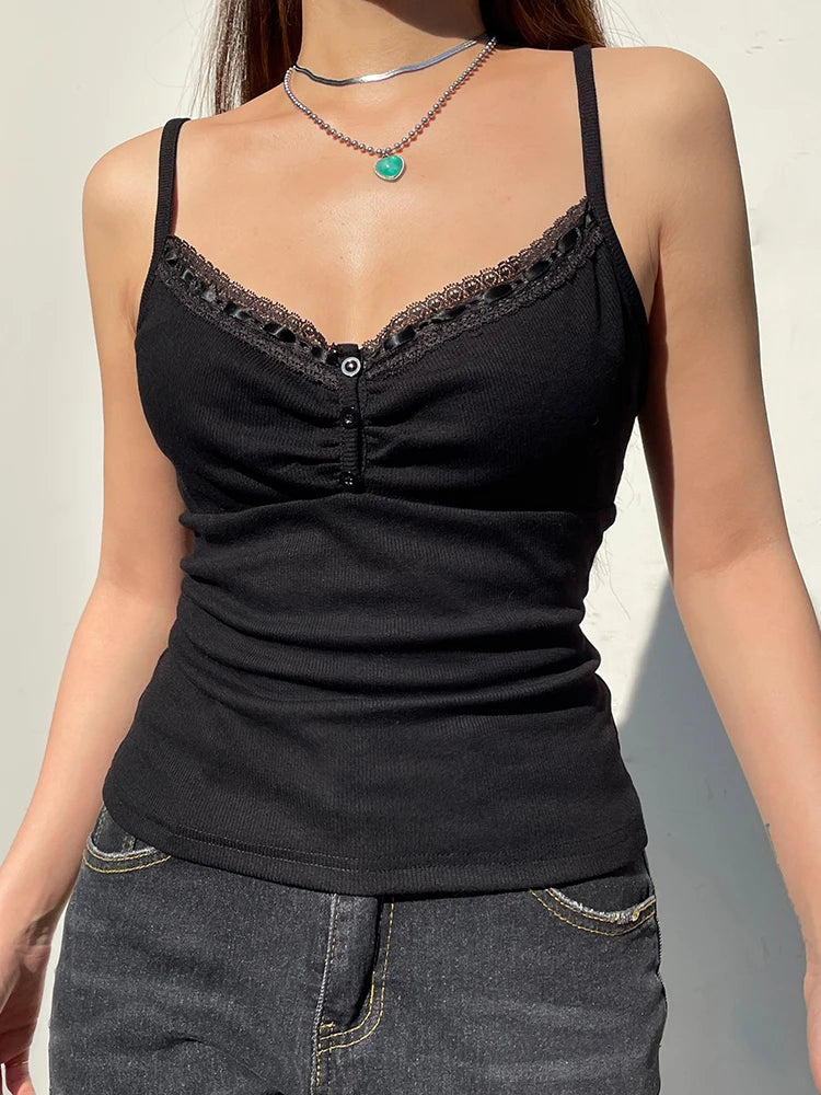 Strap Y2K V Neck Lace Trim Black Crop Top Women Chic Folds Mini Camiso –  wanahavit
