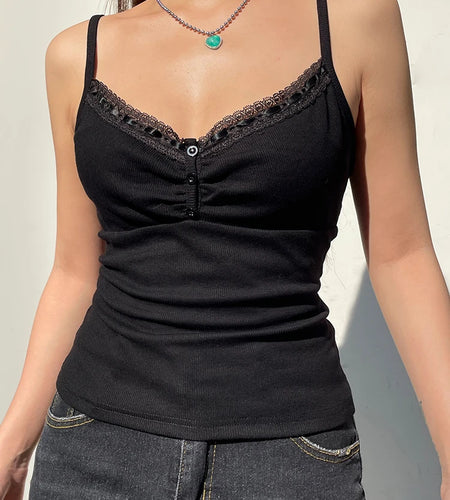 Strap Y2K V Neck Lace Trim Black Crop Top Women Chic Folds Mini Camisole Fashion Basic Summer Tops Backless Knit Goth
