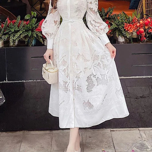 Load image into Gallery viewer, Elegant Embroidery Cut Out Solid Dresses For Women Lapel Puff Sleeve High Waist Patchwork Belt Minimalist Dress Female Style

