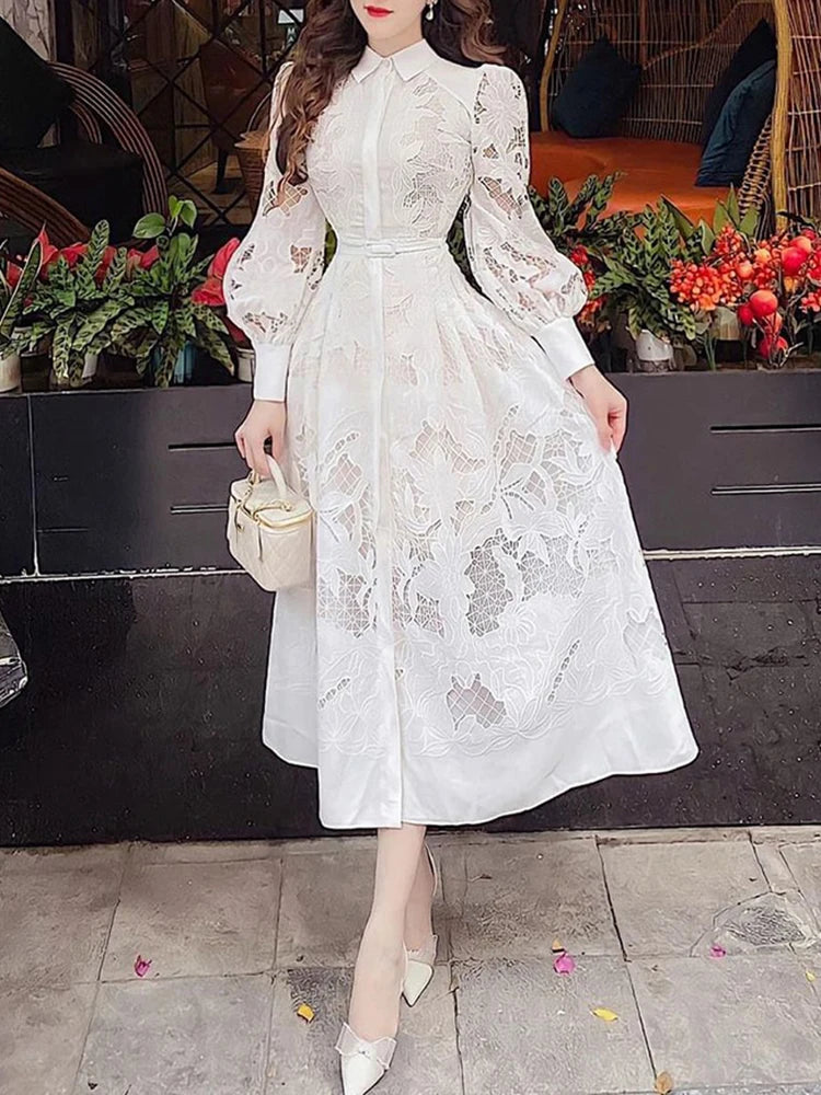 Elegant Embroidery Cut Out Solid Dresses For Women Lapel Puff Sleeve High Waist Patchwork Belt Minimalist Dress Female Style