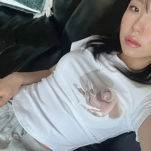 Load image into Gallery viewer, Korean Fashion Irregular Crop Tops Chic Graphic T-shirts Y2k Aesthetics Sexy Slim Tshirt Grunge Print Designer Clothes
