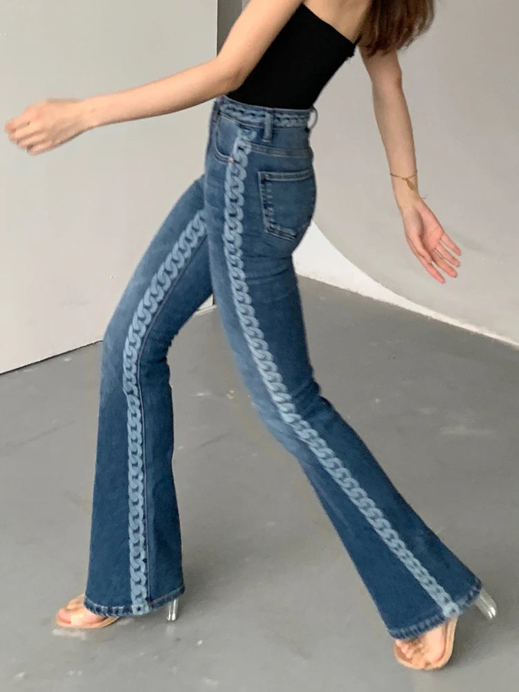 Patchwork Colorblock Denim Flare Pants For Women High Waist Slim Sexy Trousers Female Skinny Clothing Fashion