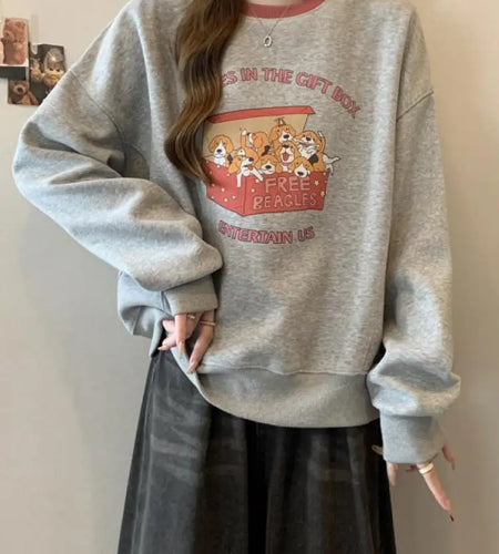 Korean Version Autumn Winter New Grey Patchwork Round Neck Long Sleeved Cotton Tops Women Casual Plush Velvet Sweatershirt Trend