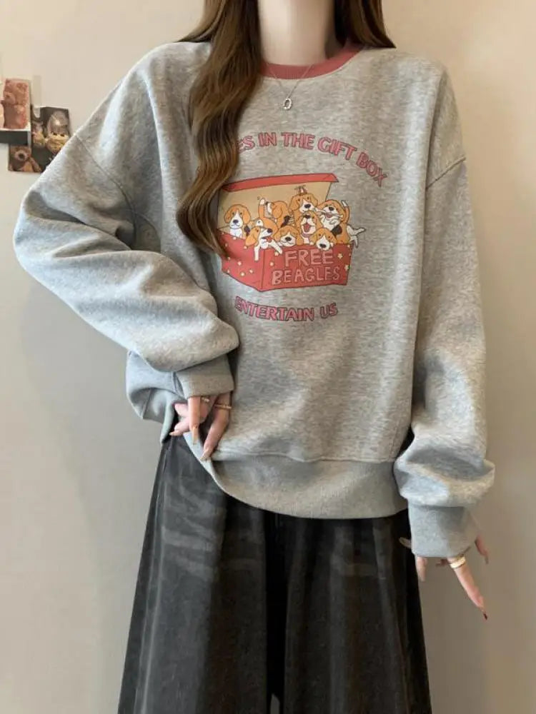 Korean Version Autumn Winter New Grey Patchwork Round Neck Long Sleeved Cotton Tops Women Casual Plush Velvet Sweatershirt Trend