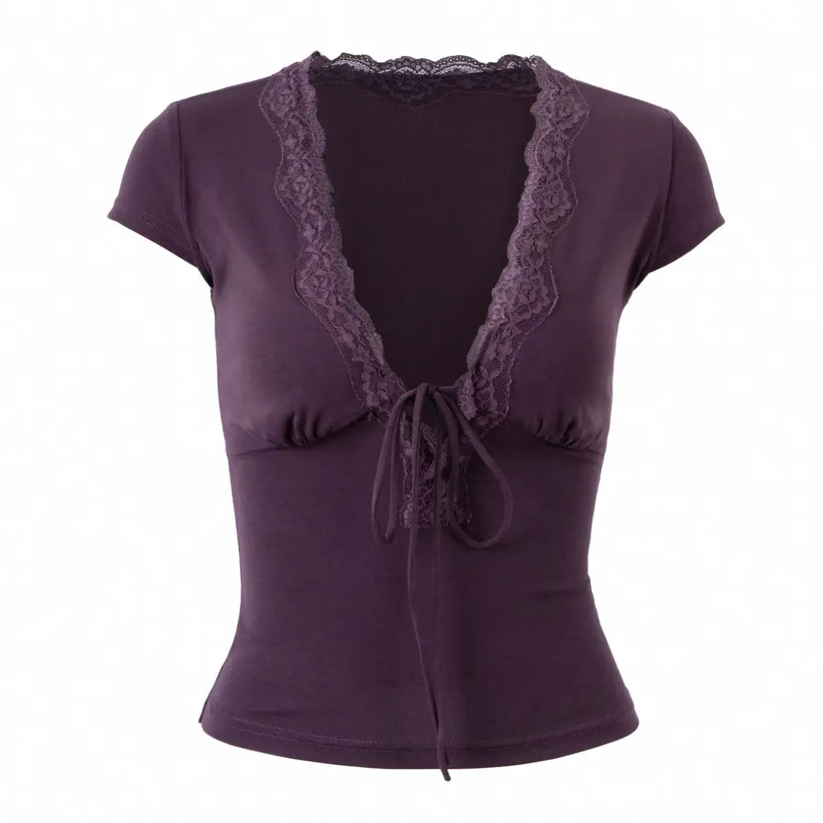 Vintage Summer Lace Patchwork Sexy T-shirt Women Harajuku Fairy Bandage Pleated Tops 2025 Y2k Aesthetic Slim Fit Cropped Tees