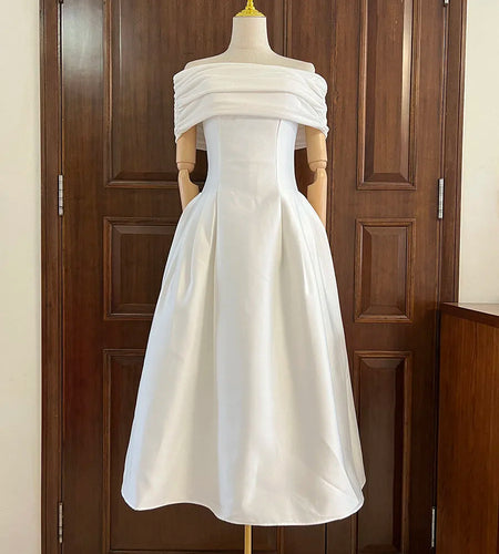 Slimming Spliced Folds Temperament Dresses for Women Slash Neck Short Sleeves High Waist Evening Dress Female New