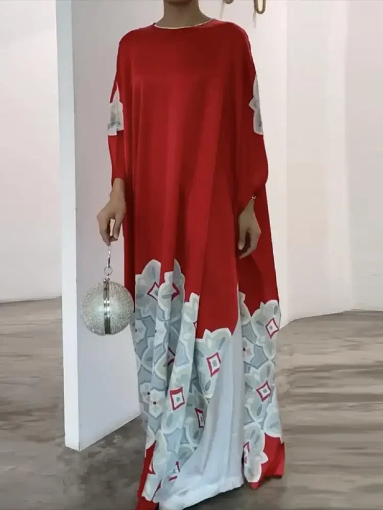 Spring Summer Printed Evening Party Dresses Vintage Elegant Long Sleeves Loose Muslim Robe Dress for Women