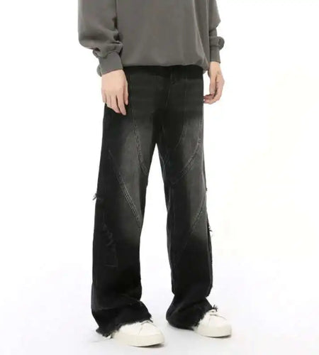 Simple Men's Denim Pants Raw Edge Tassel Design Solid Color Straight Casual Bottom Wide Leg Loose Male Jeans Stylish 9C8080