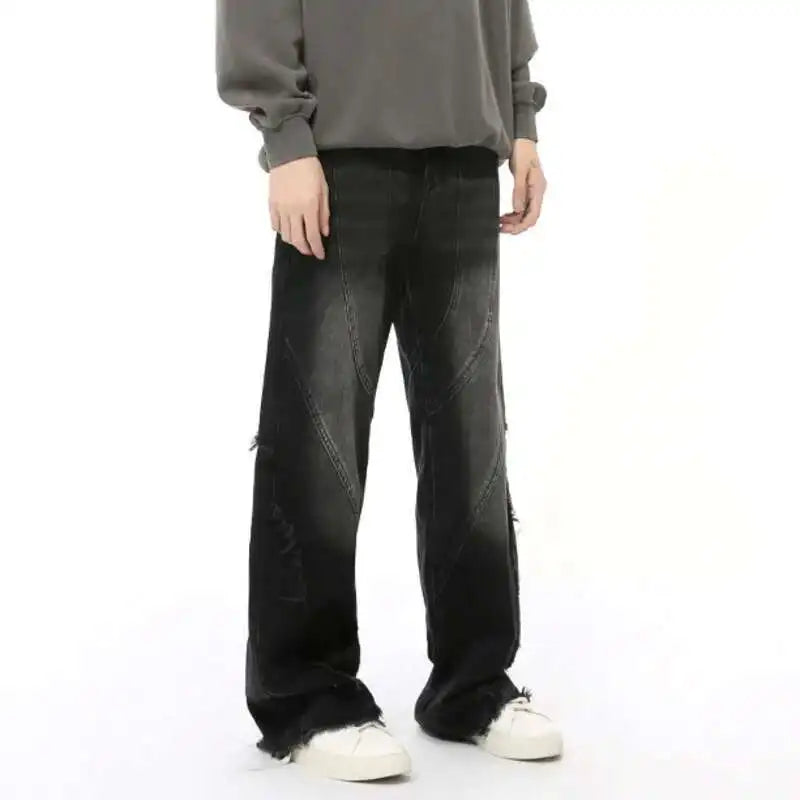 Simple Men's Denim Pants Raw Edge Tassel Design Solid Color Straight Casual Bottom Wide Leg Loose Male Jeans Stylish 9C8080