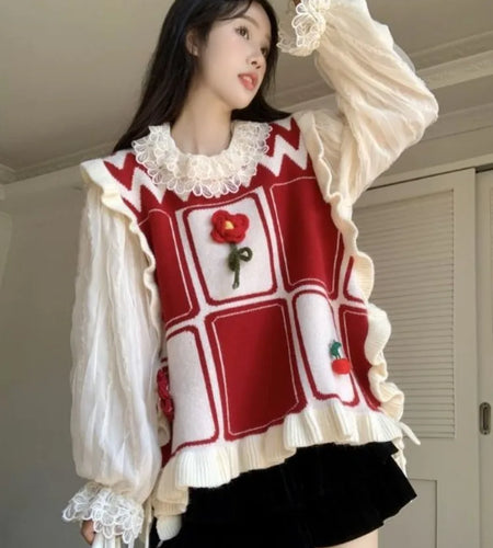 3D Flower Sweater Vest Casual Vintage Bandage Pullovers Y2k Aesthetic Women Streetwear Grunge Contrast Color Knitwear Waistcoat