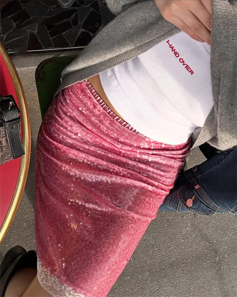 Sequin Summer Beach Sexy Skirt Women Elegant Sparkle High Waist A-line Skirts Female Pink Vacation Club Party Skirt