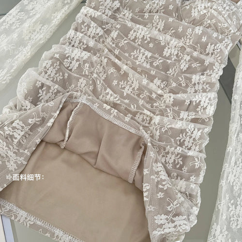 Load image into Gallery viewer, French Vintage Women's Beige Lace Long Sleeved Elegant Short Dress Autumn Winter Square Neck Bow Pleated Wrap Hip Mini Dress New
