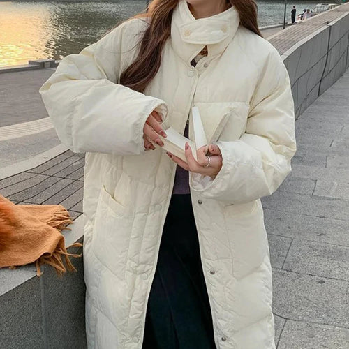 Load image into Gallery viewer, Long Down Jacket for Women Korean Beige Black Parkas New Loose Big Pocket Windproof Single-breasted Winter Coat Female
