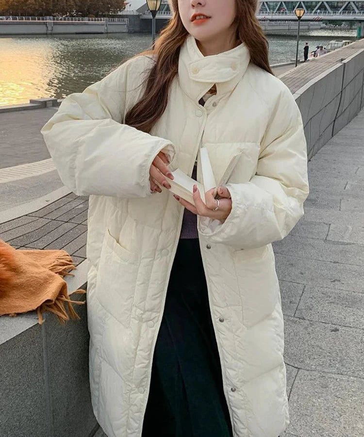 Long Down Jacket for Women Korean Beige Black Parkas New Loose Big Pocket Windproof Single-breasted Winter Coat Female