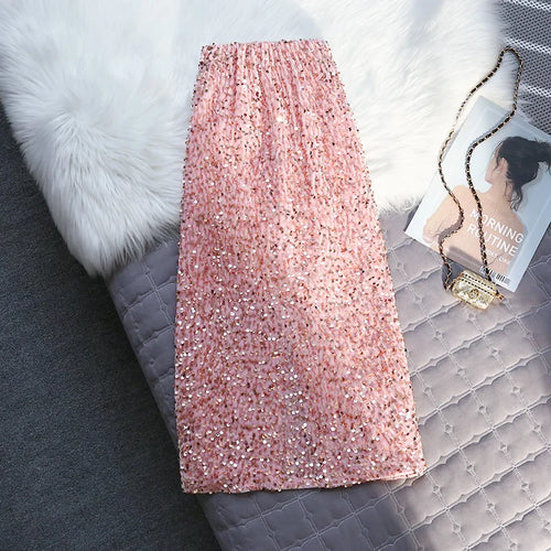 Load image into Gallery viewer, Korean Style Fashion Sequin Design Long Skirts For Women All Season Ladies Casual Streetwear All Match Sexy Split Midi Skirt
