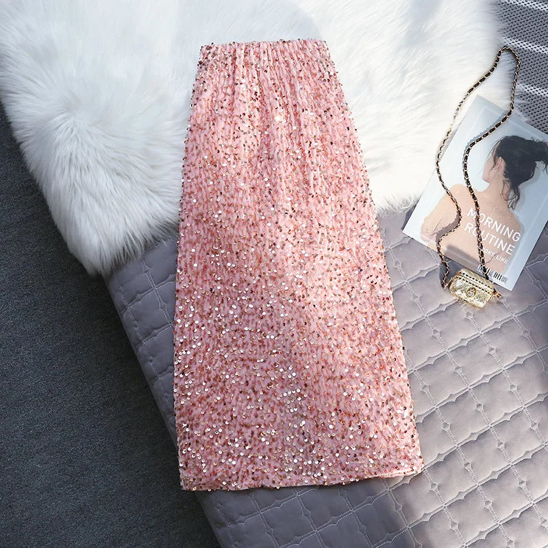 Korean Style Fashion Sequin Design Long Skirts For Women All Season Ladies Casual Streetwear All Match Sexy Split Midi Skirt