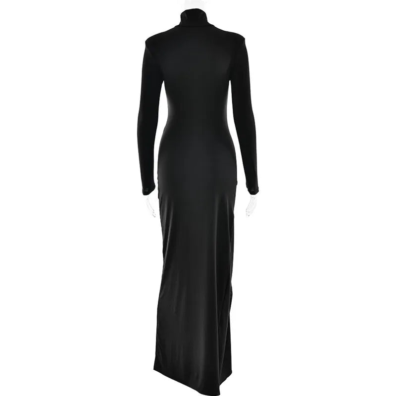 Turtleneck Thigh High Split Sexy Maxi Dress For Women Fashion Long Sleeve Draped Bandage Bodycon Club Long Dress