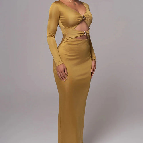 Load image into Gallery viewer, Hollow out long sleeve sexy maxi dress for women fashion solid V neck back split bodycon club long dress elegant
