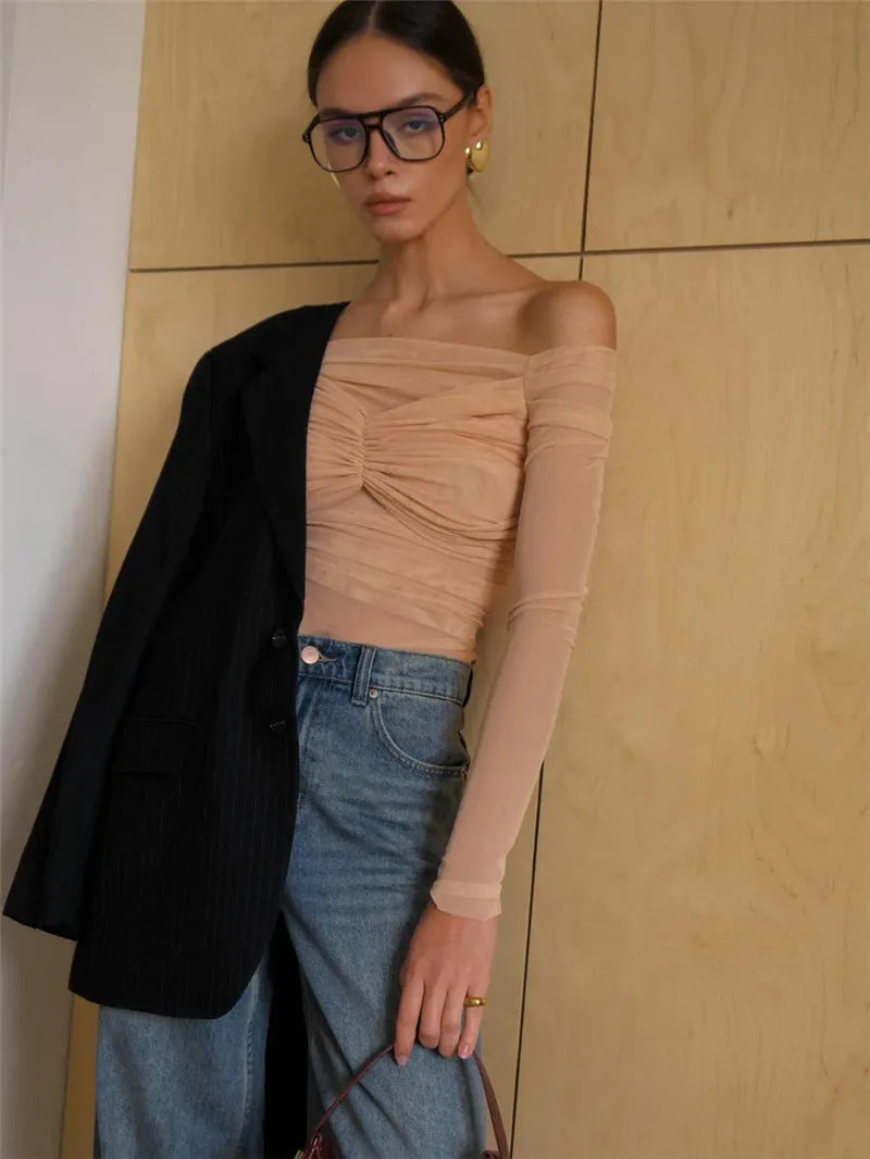 Summer Mesh Off-shoulder T-shirt Women Fashion Pleated Bust Backless Tees Tops Female Elegant Strapless See Through Top